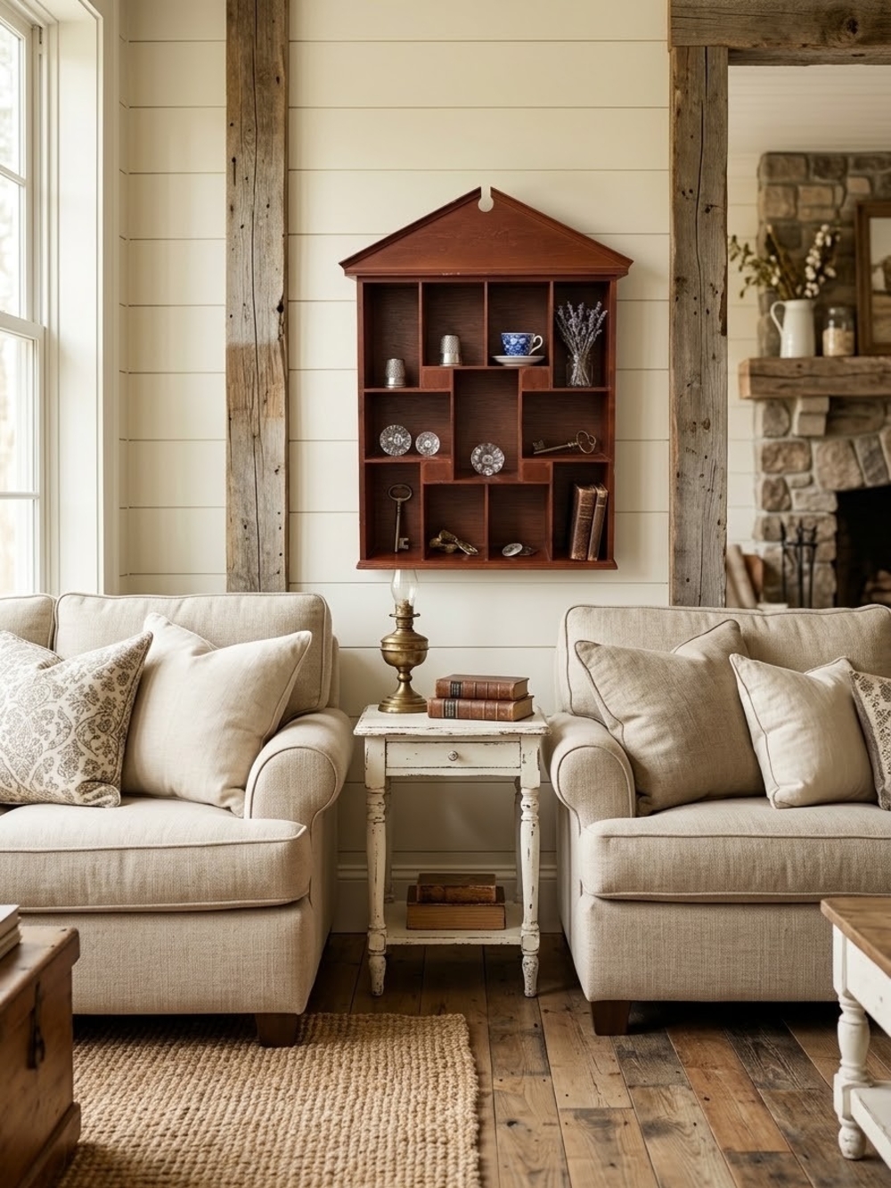 Rustic Red Wooden Wall Shelf House-Shaped Display